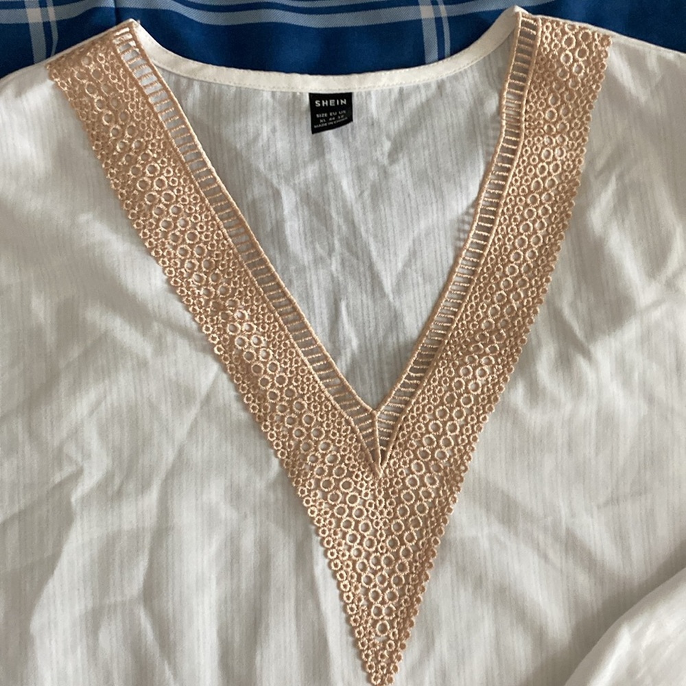 Cream Long Sleeve Blouse with V-neck embroidered Collar and cuffs - Picture 6 of 17